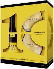 Бренди «Torres 10 Gran Reserva» в подарочной упаковке с двумя стаканами