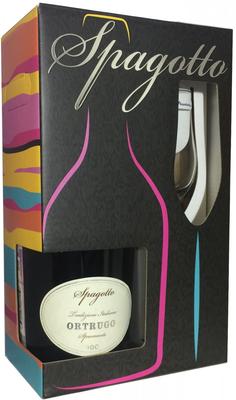 Вино игристое белое полусухое «Spagotto Ortrugo» в подарочной упаковке с бокалом