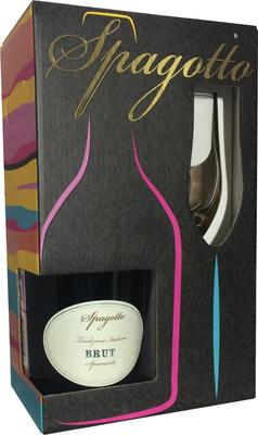 Вино игристое белое брют «Spagotto Brut» в подарочной упаковке с бокалом