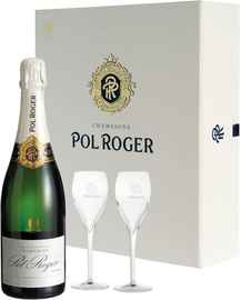 Шампанское белое брют «Pol Roger Brut Reserve» в подарочной упаковке с двумя бокалами