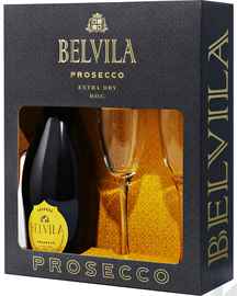 Вино игристое белое сухое «Belvila Prosecco Spumante Extra Dry» подарочный набор с двумя бокалами