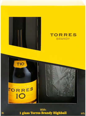 Бренди «Torres 10 Gran Reserva, 0.7 л» в подарочной упаковке со стаканом