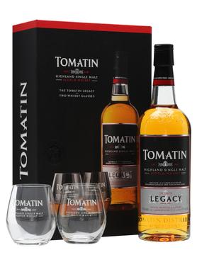 Виски шотландский «Tomatin Legacy» в подарочной упаковке с двумя стаканами.