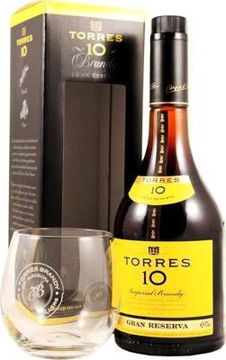 Бренди «Torres 10 Gran Reserva» в подарочной упаковке со стаканом