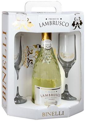Вино игристое жемчужное белое полусладкое «Lambrusco Binelli Premium» в подарочной упаковке с 2-мя бокалами