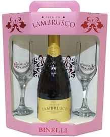 Вино игристое красное полусладкое «Lambrusco Binelli Premium» в подарочной упаковке с 2-мя бокалами