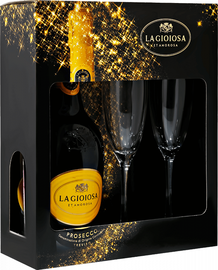 Вино игристое белое брют «La Gioiosa Prosecco Treviso» набор в подарочной упаковке с 2 бокалами