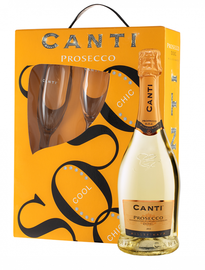 Вино игристое белое сухое «Canti Prosecco» 2017 г., подарочный набор с двумя бокалами