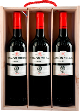 Вино красное сухое «Ramon Bilbao Crianza» 2016 г., в деревянной подарочной упаковке (набор из 3-х бутылок)