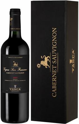 Вино красное сухое «Tasca d Almerita Cabernet Sauvignon Vigna San Francesco» 2016 г. в подарочной упаковке