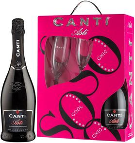 Вино игристое белое сладкое «Canti Asti» 2018 г. в подарочной упаковке с двумя  бокалами