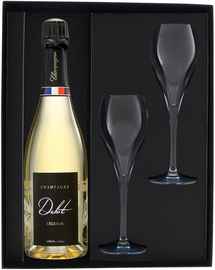 Вино игристое белое брют «Champagne Delot Cuvee Legende Brut» в подарочной упаковке с двумя бокалами