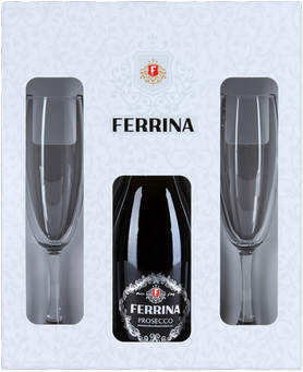 Вино игристое белое брют «Ferrina Prosecco» в подарочной упаковке с двумя бокалами